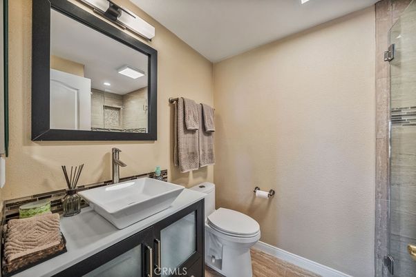 Bathroom, Glass Shower, Interior, Recessed Lighting, Wood Texture Flooring