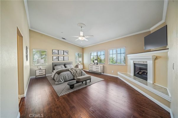 Bedroom, Fireplace, Interior, Wood Texture Flooring