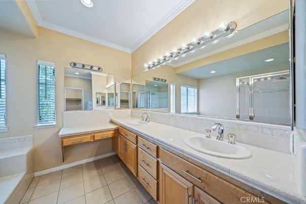 Bathroom, Dual Sink Vanities, Glass Shower, Interior, Recessed Lighting, Tile Countertops
