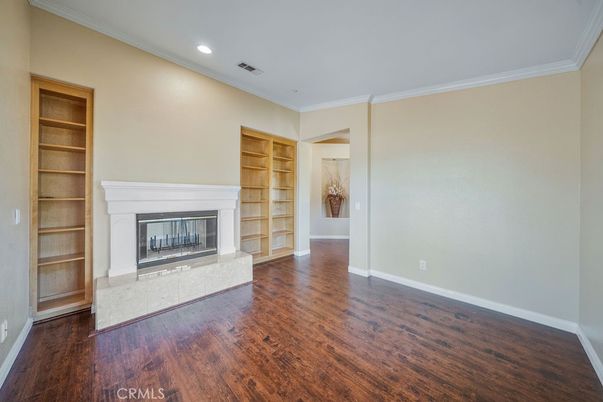 Empty room, Fireplace, Interior, Recessed Lighting, Wood Texture Flooring