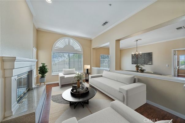 Chandelier, Dining room, Fireplace, Interior, Living room, Recessed Lighting, Wood Texture Flooring