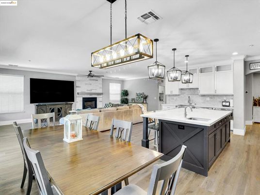 Dining room, Fireplace, Interior, Kitchen, Living room, Pendant Lights, Recessed Lighting, Wood Texture Flooring