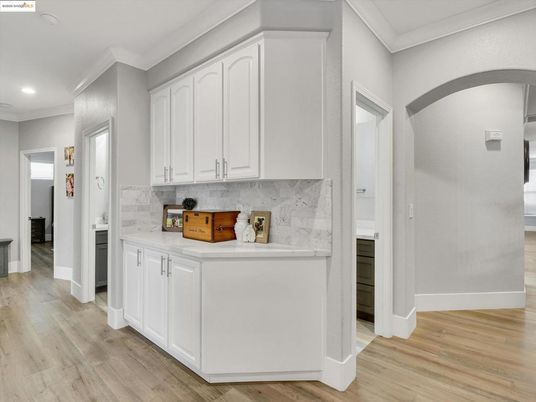 Interior, Kitchen, Marble Walls, Recessed Lighting, Wood Texture Flooring