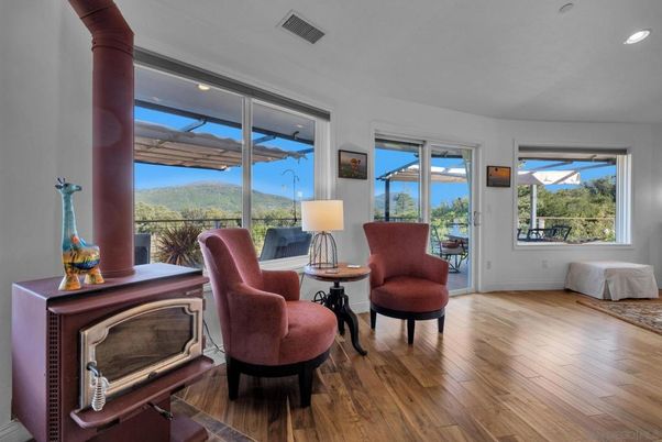 Fireplace, Home Office, Interior, Recessed Lighting, Water, Wood Texture Flooring