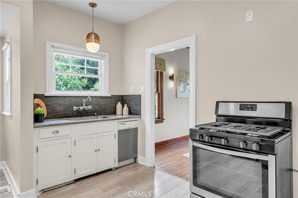 Interior, Kitchen, Pendant Lights, Stainless Steel Appliances, Wood Texture Flooring