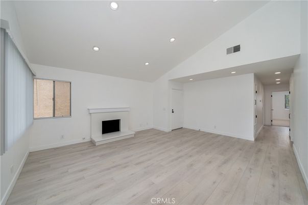 Empty room, Fireplace, Interior, Recessed Lighting, Wood Texture Flooring