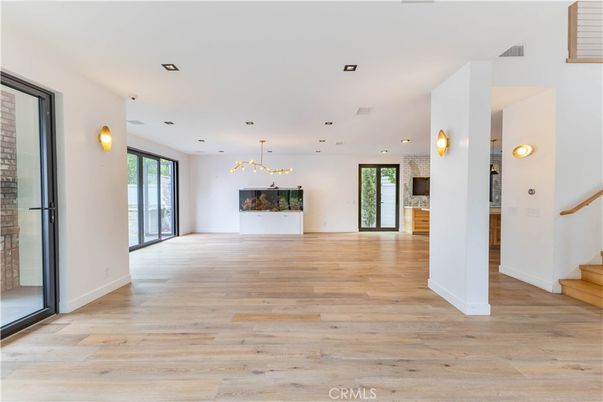 Empty room, Interior, Pendant Lights, Recessed Lighting, Wood Texture Flooring