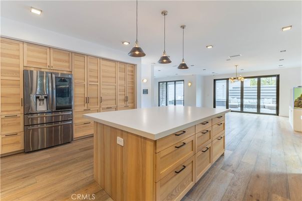Interior, Kitchen, Pendant Lights, Recessed Lighting, Stainless Steel Appliances, Wood Texture Flooring