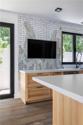 Interior, Kitchen, Pendant Lights, Stone Walls, Wood Texture Flooring