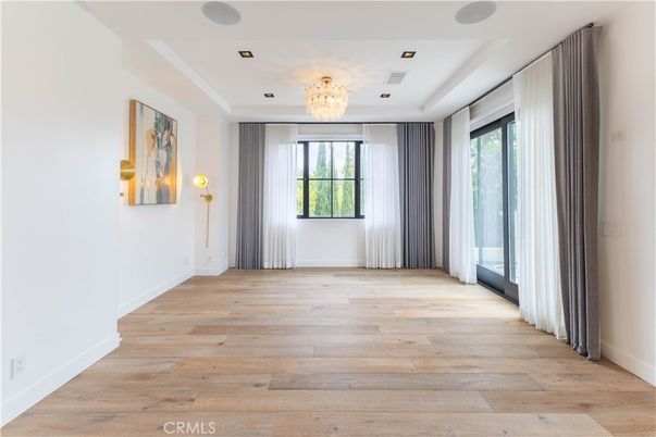 Chandelier, Empty room, Interior, Recessed Lighting, Wood Texture Flooring