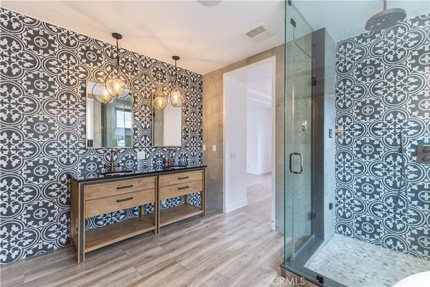 Bathroom, Glass Shower, Interior, Pendant Lights, Wood Texture Flooring