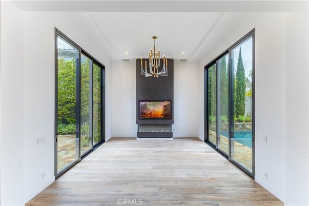 Fireplace, Interior, Recessed Lighting, Wood Texture Flooring