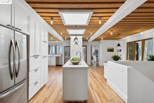 Interior, Kitchen, Pendant Lights, Stainless Steel Appliances, Wooden Beams, Wooden Ceilings, Wood Texture Flooring