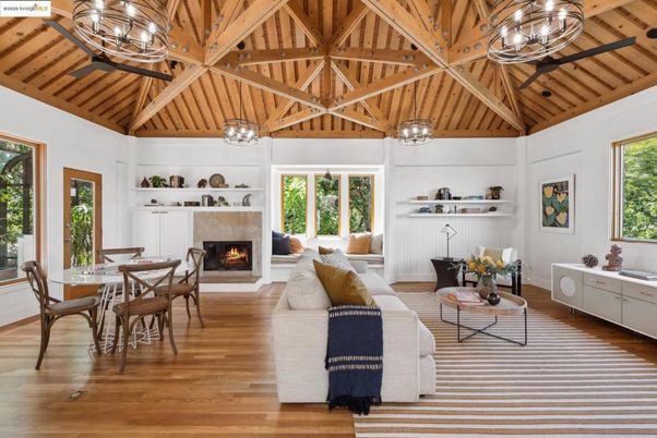 Chandelier, Dining room, Fireplace, Interior, Living room, Pendant Lights, Wooden Beams, Wooden Ceilings, Wood Texture Flooring