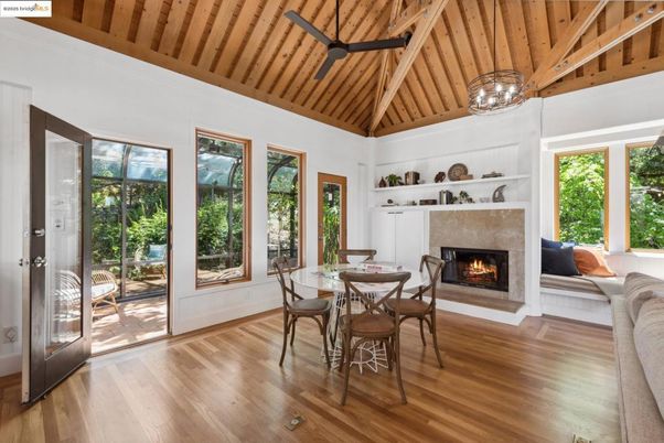 Dining room, Fireplace, Interior, Pendant Lights, Wooden Beams, Wooden Ceilings, Wood Texture Flooring