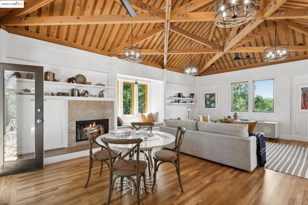 Dining room, Fireplace, Interior, Living room, Pendant Lights, Wooden Beams, Wooden Ceilings, Wood Texture Flooring