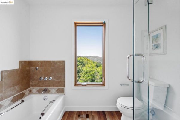 Bathroom, Glass Shower, Interior, Wood Texture Flooring