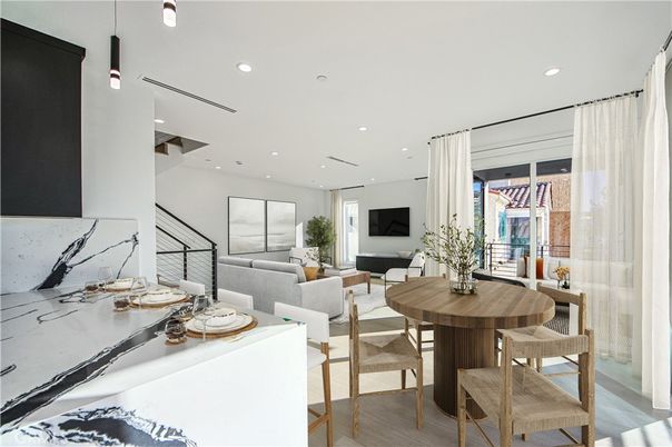 Dining room, Interior, Living room, Pendant Lights, Recessed Lighting, Wood Texture Flooring