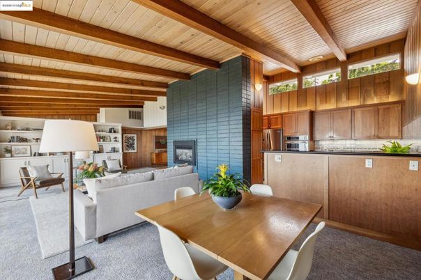 Dining room, Fireplace, Interior, Kitchen, Living room, Stainless Steel Appliances, Stone Walls, Wooden Beams, Wooden Ceilings