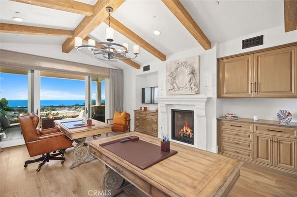 Chandelier, Fireplace, Home Office, Interior, Living room, Pendant Lights, Recessed Lighting, Water, Wooden Beams, Wood Texture Flooring