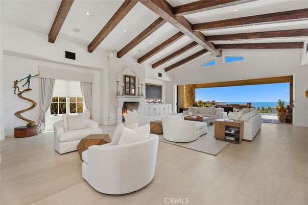 Fireplace, Interior, Living room, Recessed Lighting, Water, Wooden Beams, Wood Texture Flooring