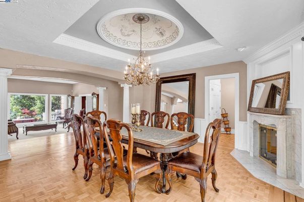 Billiard Table, Chandelier, Dining room, Fireplace, Interior, Wood Texture Flooring