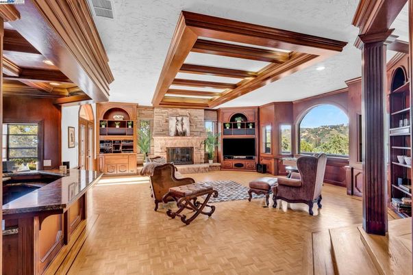 Fireplace, Interior, Living room, Recessed Lighting, Wooden Beams, Wood Texture Flooring