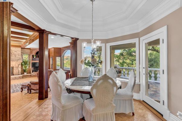 Dining room, Interior, Pendant Lights, Wood Texture Flooring