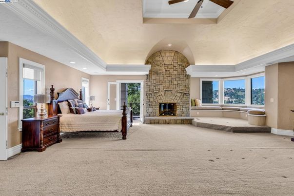 Bedroom, Fireplace, Interior, Recessed Lighting, Stone Walls
