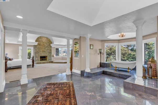 Bathroom, Fireplace, Free Standing Baths, Interior, Marble, Recessed Lighting