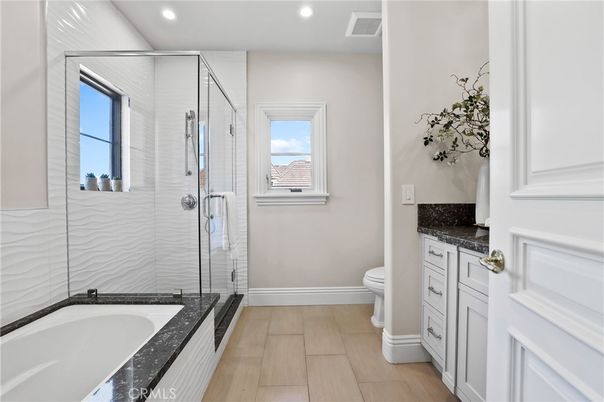 Bathroom, Glass Shower, Interior, Recessed Lighting, Wood Texture Flooring