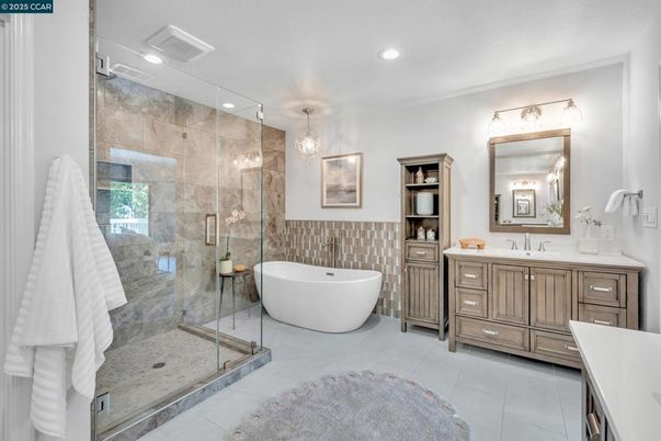 Bathroom, Dual Sink Vanities, Free Standing Baths, Glass Shower, Interior, Pendant Lights, Recessed Lighting