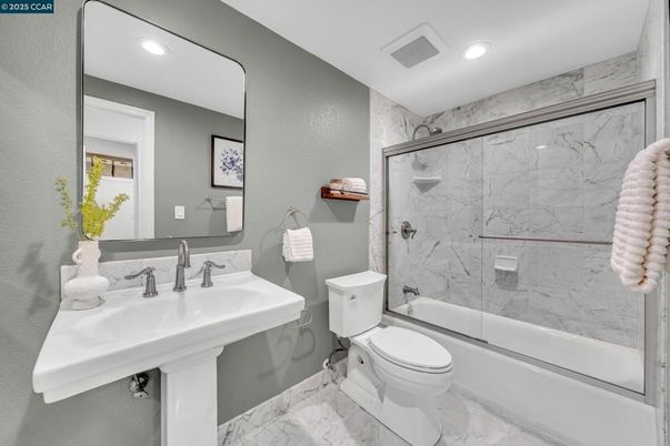 Bathroom, Glass Shower, Interior, Marble, Marble Walls, Recessed Lighting