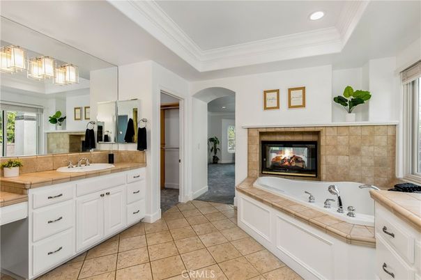 Bathroom, Fireplace, Interior, Recessed Lighting, Tile Countertops