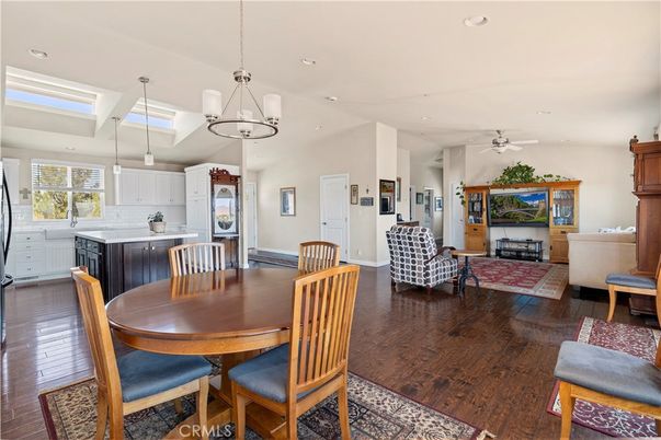 Chandelier, Dining room, Interior, Kitchen, Living room, Pendant Lights, Recessed Lighting, Wood Texture Flooring