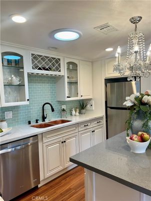 Chandelier, Interior, Kitchen, Recessed Lighting, Stainless Steel Appliances, Wood Texture Flooring