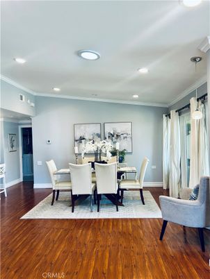Dining room, Interior, Pendant Lights, Recessed Lighting, Wood Texture Flooring