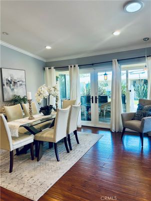 Dining room, Interior, Pendant Lights, Recessed Lighting, Wood Texture Flooring