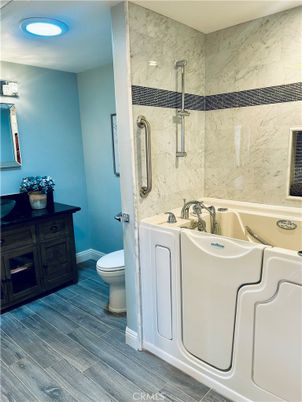Bathroom, Interior, Marble Walls, Recessed Lighting, Wood Texture Flooring