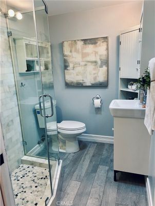 Bathroom, Glass Shower, Interior, Wood Texture Flooring