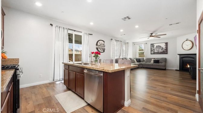 Fireplace, Interior, Kitchen, Living room, Recessed Lighting, Wood Texture Flooring