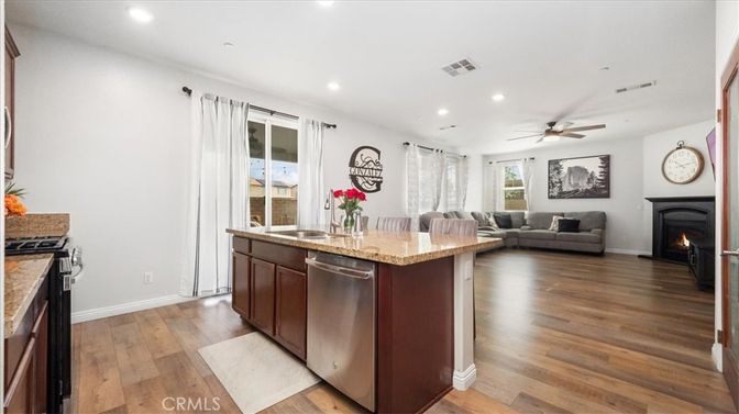Fireplace, Interior, Kitchen, Living room, Recessed Lighting, Wood Texture Flooring