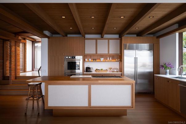 Interior, Kitchen, Recessed Lighting, Stainless Steel Appliances, Wooden Beams, Wooden Ceilings, Wood Texture Flooring