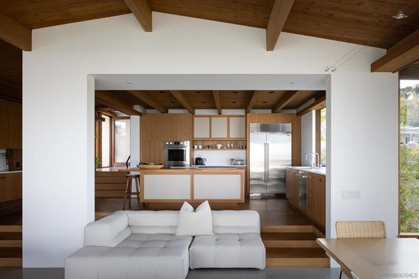 Interior, Kitchen, Living room, Recessed Lighting, Stainless Steel Appliances, Wooden Beams, Wooden Ceilings, Wood Texture Flooring