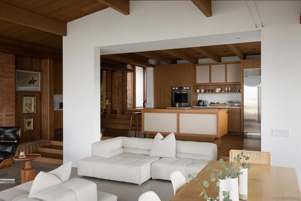 Interior, Kitchen, Living room, Recessed Lighting, Stainless Steel Appliances, Wooden Beams, Wooden Ceilings, Wood Texture Flooring