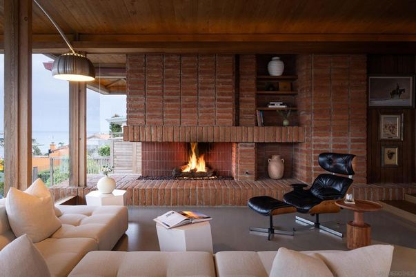 Fireplace, Interior, Living room, Pendant Lights, Stone Walls, Wooden Ceilings