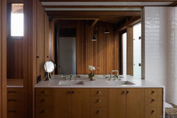 Bathroom, Dual Sink Vanities, Interior, Pendant Lights, Wooden Walls