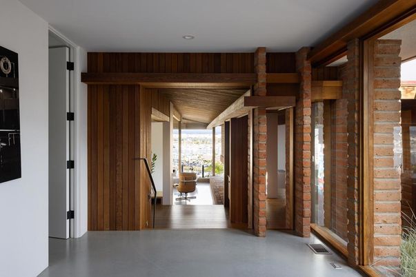 Interior, Recessed Lighting, Stone Walls, Wood Texture Flooring