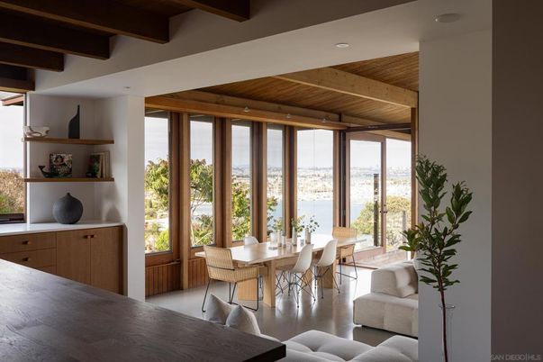 Dining room, Interior, Recessed Lighting, Wooden Beams, Wooden Ceilings, Wood Texture Flooring