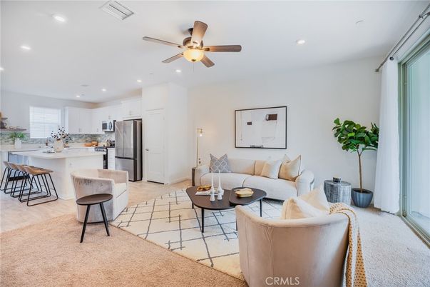 Interior, Kitchen, Living room, Recessed Lighting, Stainless Steel Appliances, Wood Texture Flooring
